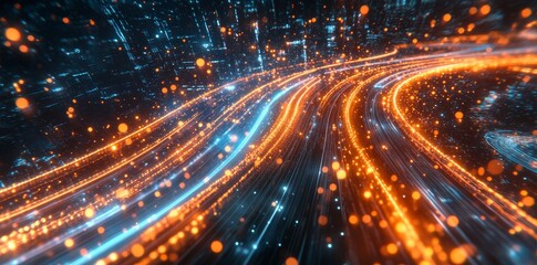 Poster - Graph showing a highway path through digital binary towers in a city. Big data concept, stock, hyperloop, virtual reality, high speed network, and stock.