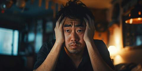 Wall Mural - A close-up portrait of a man with a sad and overwhelmed expression. He is looking down with his hands covering his face,. asian man