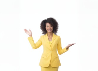 A beautiful entrepreneur is showing off her product with both hands raised with a happy expression.