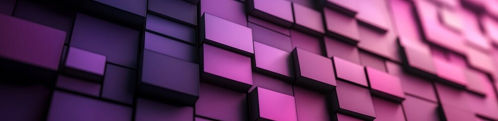 Poster - Three-dimensional rendering of multisized purple, pink, and blue cubes arranged in a perfect, modern tech background.