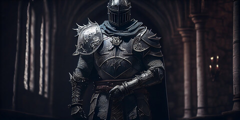 A medieval knight standing in a dark castle wearing powerful armor and a helmet holding a sword	