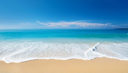 Sea Beach and Soft wave of blue ocean. Summer vacation and travel concept. Copy space