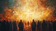 © AlexCaelus - Silhouetted people standing before a large, fiery cross. Dramatic and intense scene with a powerful, spiritual atmosphere.