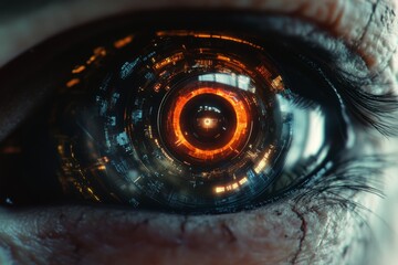 Poster - The picture shows modern vision system of a woman eye with a cyberspace background, science background technology, and human person in the future.