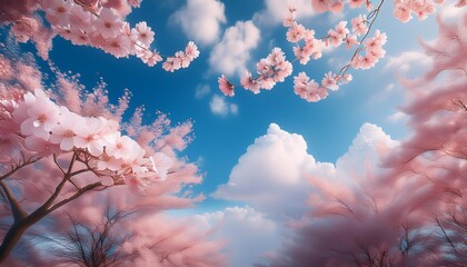 Wall Mural - serene sky where cherry blossoms and clouds merge forming fantastical shapes soft pink and blue pale