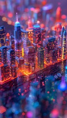 Poster - vibrant, colorful cityscape at night with neon lights illuminating the modern skyscrapers, creating 