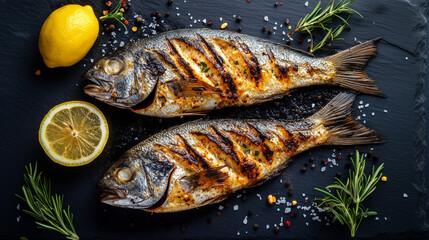 Grilled sea fish with lemon on stone slate background