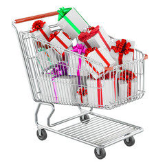 Poster - gift boxes inside shopping cart, 3d rendering isolated on transparent background