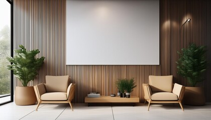 sleek modern office waiting room with blank poster and wooden accents 3d interior rendering 2