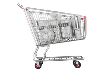 Poster - air conditioner, portable air conditioner and different electric fans inside shopping cart. shopping