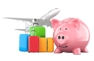 Poster - piggy bank and airplane with baggage. saving money for avia travel, concept. 3d rendering isolated o