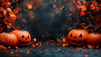 Wall Mural - Halloween pumpkins on dark background with autumn leaves and bokeh