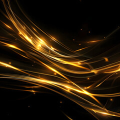 Wall Mural - abstract shiny gold wave light effect illustration. golden luminous glow on dark background, orange 