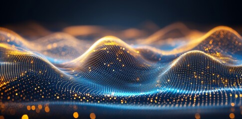 Poster - Future technology illustration with blue waves on a dark background.