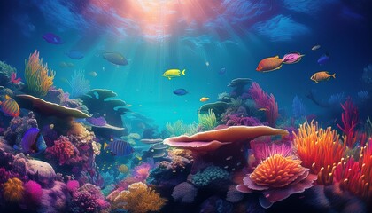 Wall Mural - vibrant underwater coral reef teeming with tropical fish bioluminescent creatures technicolor corals crystalclear waters immersive marine panorama aquarium wonderland