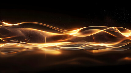 Wall Mural - abstract shiny gold wave light effect illustration. golden luminous glow on dark background, orange 