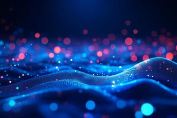 Poster - A gridded surface surrounded by glowing lines and particles. Big data visualizations. Connecting technology.