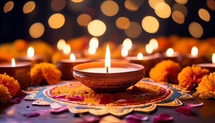 Wall Mural - warm glowing diwali candles surrounded by intricate rangoli patterns and scattered marigold petals soft bokeh lights create a magical festive atmosphere celebrating indian culture