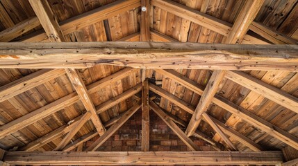 Canvas Print - An aged wooden roof supported by wooden beams