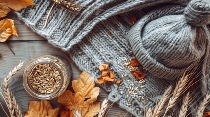 Wall Mural - Autumn themed flat lay with jar of dry petals grey wool hat wheat and pumpkin seeds