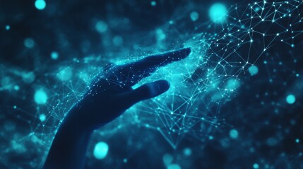Poster - Background of hands touching a digital transformation screen. Dots and lines connecting futuristic cyber technology and networks.