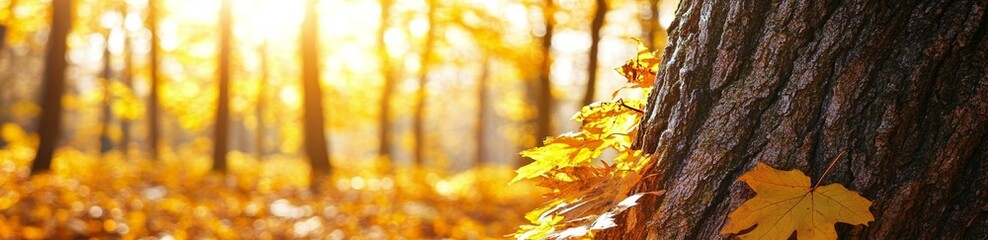 Wall Mural - In an autumnal park, a panoramic close-up view of a chestnut tree.