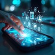 © Tommy - Tech Innovation: A close-up of a futuristic smartphone or tablet displaying holographic interfaces, with a hand interacting with the screen.