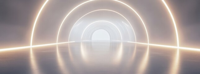 Poster - Space technology tunnel stage floor over white background. Empty white futuristic corridor render with white background.