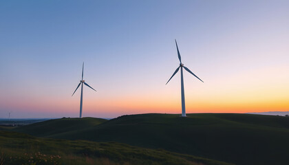 Two wind turbines spin slowly on a green hill under a clear sky at dusk isolated with white highlights, png