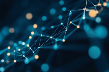Poster - The connected dots on a 3D wave landscape are symbolic of network technology, information technology and the internet. There is a connection between telecommunications, data science, shiny particles
