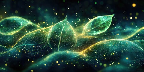 Wall Mural - Green Leaves Glowing with Golden Dust Particles