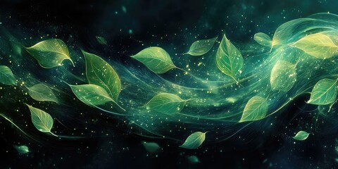 Wall Mural - Green Leaves Flowing in a Magical Abstract Space