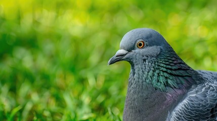 Wall Mural - Close up of a gray garden bird head with copy space against green grass