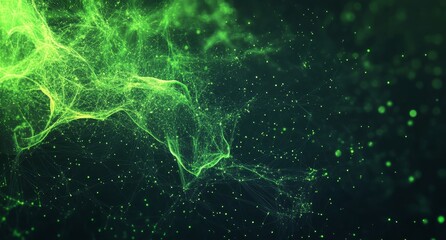 Poster - Green abstract banner with a network grid and particles connected. Abstract polygonal background with line connect networks and data.