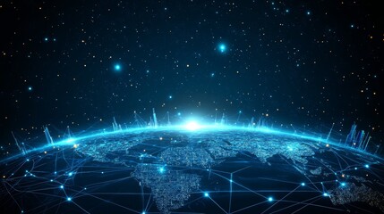Poster - a world map on a technology background illustrating global business on the internet