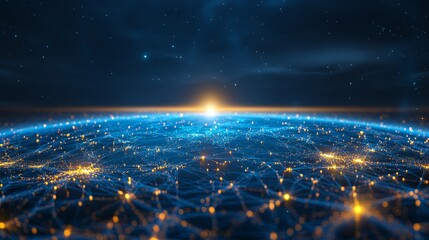 Poster - A futuristic blue background with planet Earth and the Internet in the background