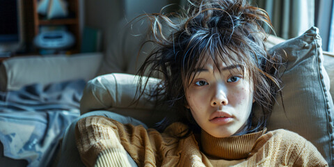 Wall Mural - A woman with bed head sits on a couch, staring directly at the camera with a tired and pensive expression.. asian woman