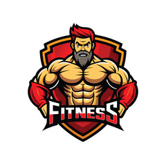 Wall Mural - muscular bodybuilder vector silhouette mascot logo icon with fitness text design