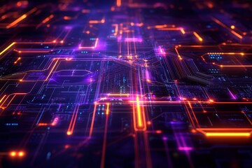 Poster - Computer system with processor and electronic circuit. Artificial neurons, data connections, quantum computing.