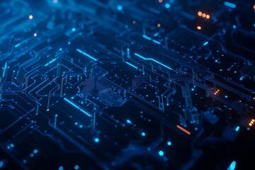 Poster - Background of a neon circuit in blue with an abstract technology design