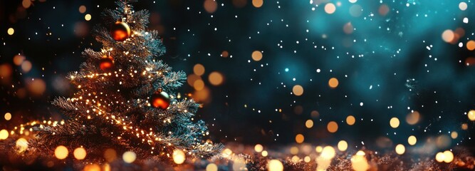 Wall Mural - Decorated Christmas Tree with Golden Lights and Snow