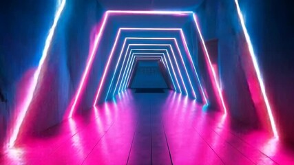 Poster - futuristic hallway with neon lights in blue and pink in 3d animation