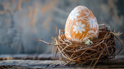 Wall Mural - Easter Table Decoration with Carved Egg in Nest on Wood Background Spring Holiday Theme