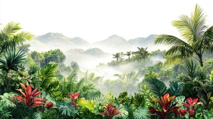 Scenic tropical landscape with lush greenery and vibrant surroundings isolated on white background