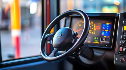 Poster - Close-up View of a Steering Wheel Inside a Vehicle