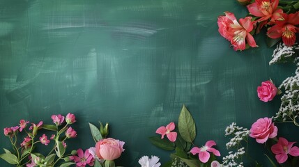 Sticker - Floral composition on green chalkboard with room for text for Teacher s Day