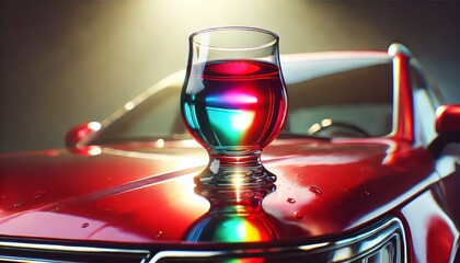 glass of colorful liquid on the hood of a red car, illuminated by dramatic lighting, creating a vibr