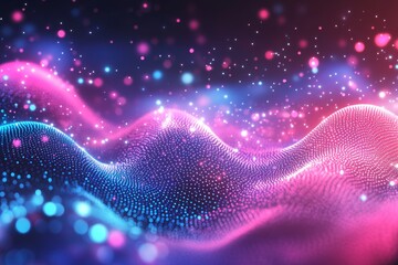 Poster - Quantum computer technology banner design template concept, gravitational wave. Deep learning stock image. Big data algorithms visualization.