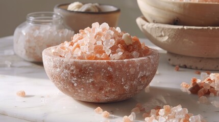 Wall Mural - Himalayan pink salt displayed on a neutral surface