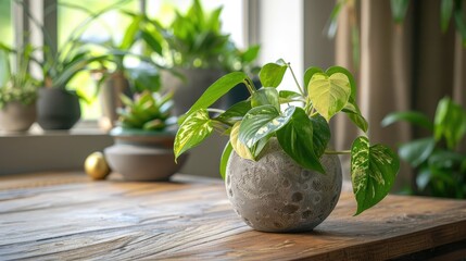 Wall Mural - Houseplant Decor with Golden Pothos on Wooden Table